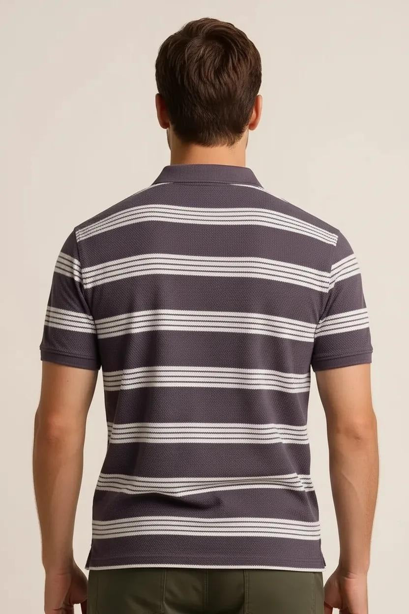 Octave Men Black Currant Striped Polo Collar T-shirt