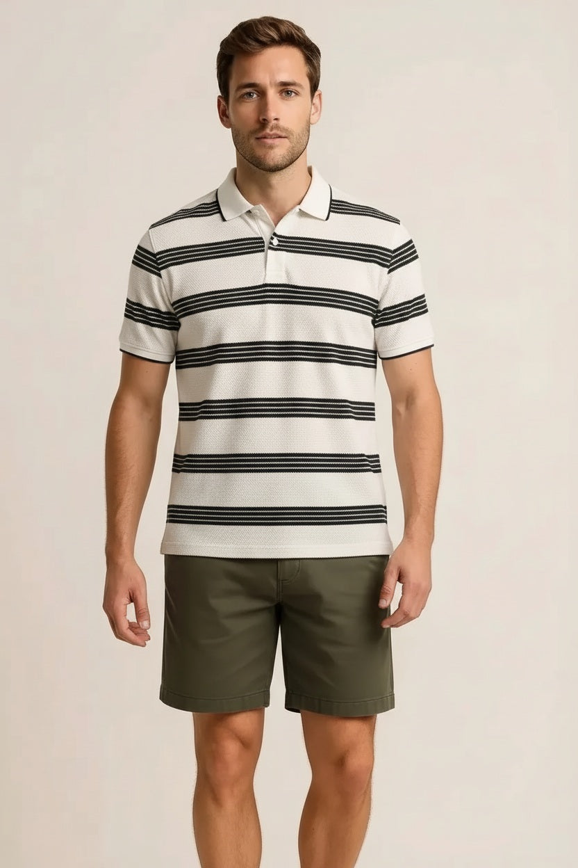 Octave Men Off White Striped Polo Collar T-shirt