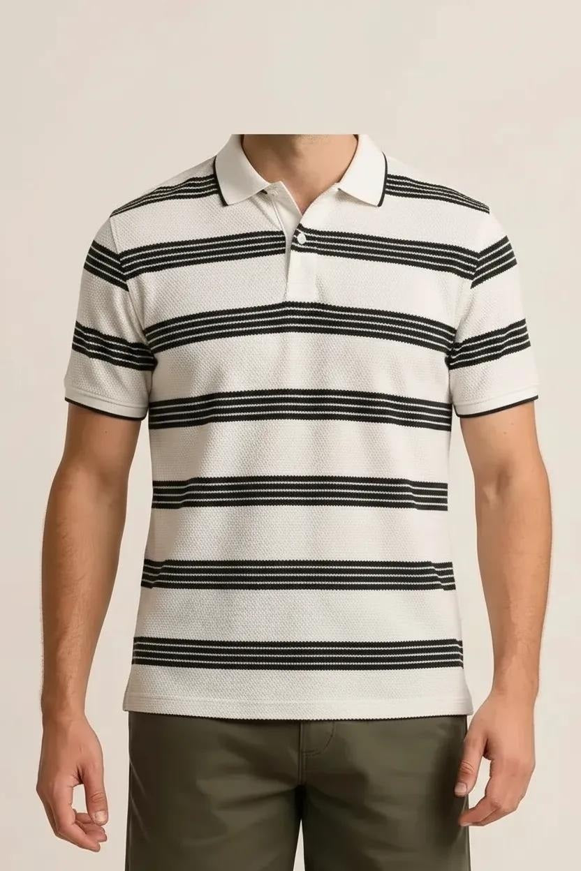 Octave Men Off White Striped Polo Collar T-shirt