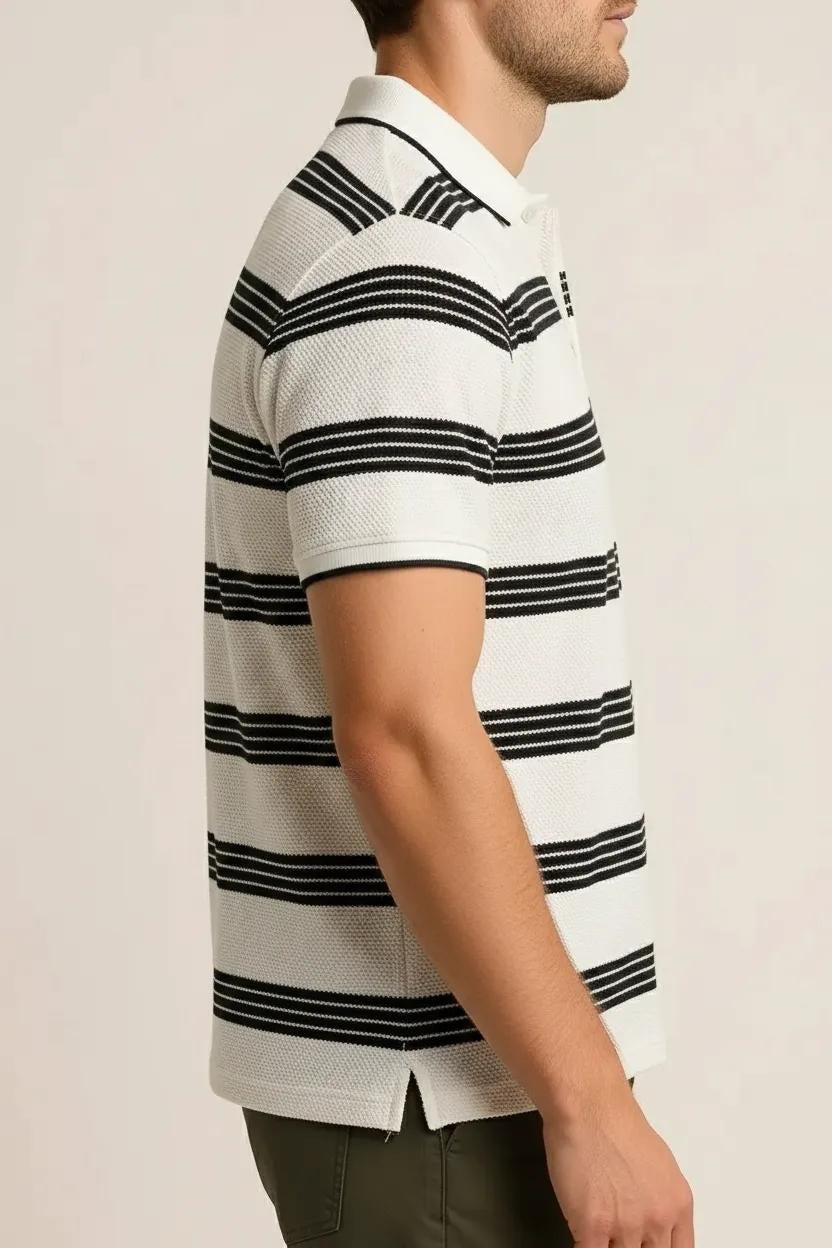 Octave Men Off White Striped Polo Collar T-shirt