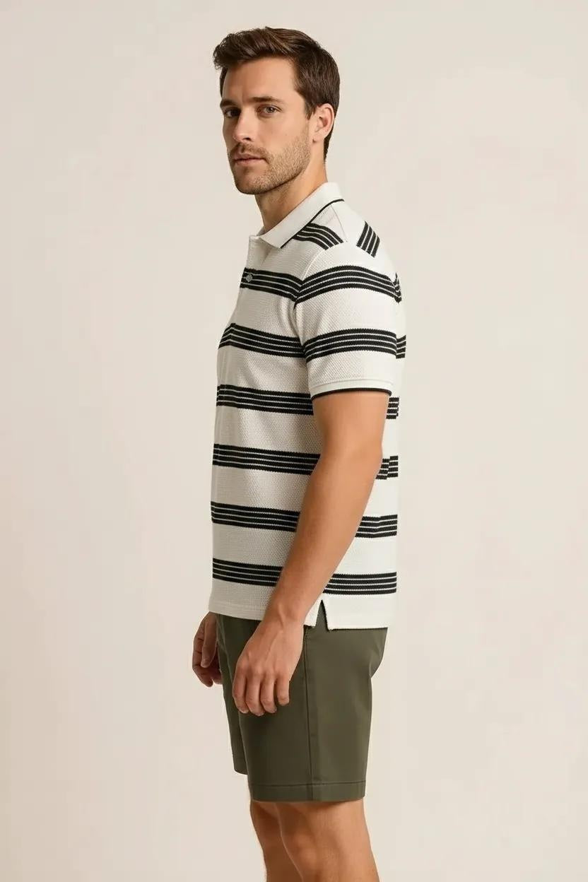 Octave Men Off White Striped Polo Collar T-shirt