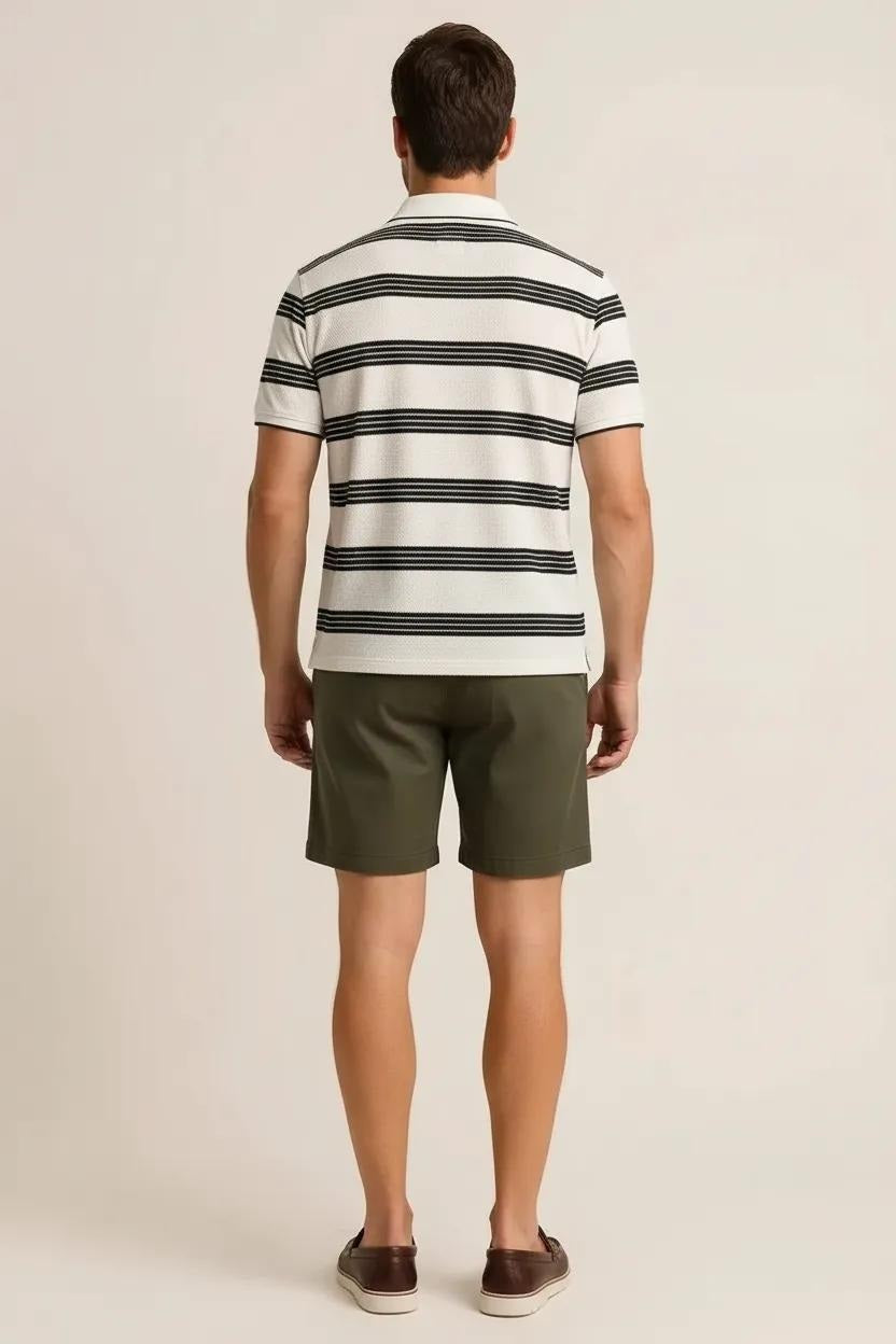 Octave Men Off White Striped Polo Collar T-shirt