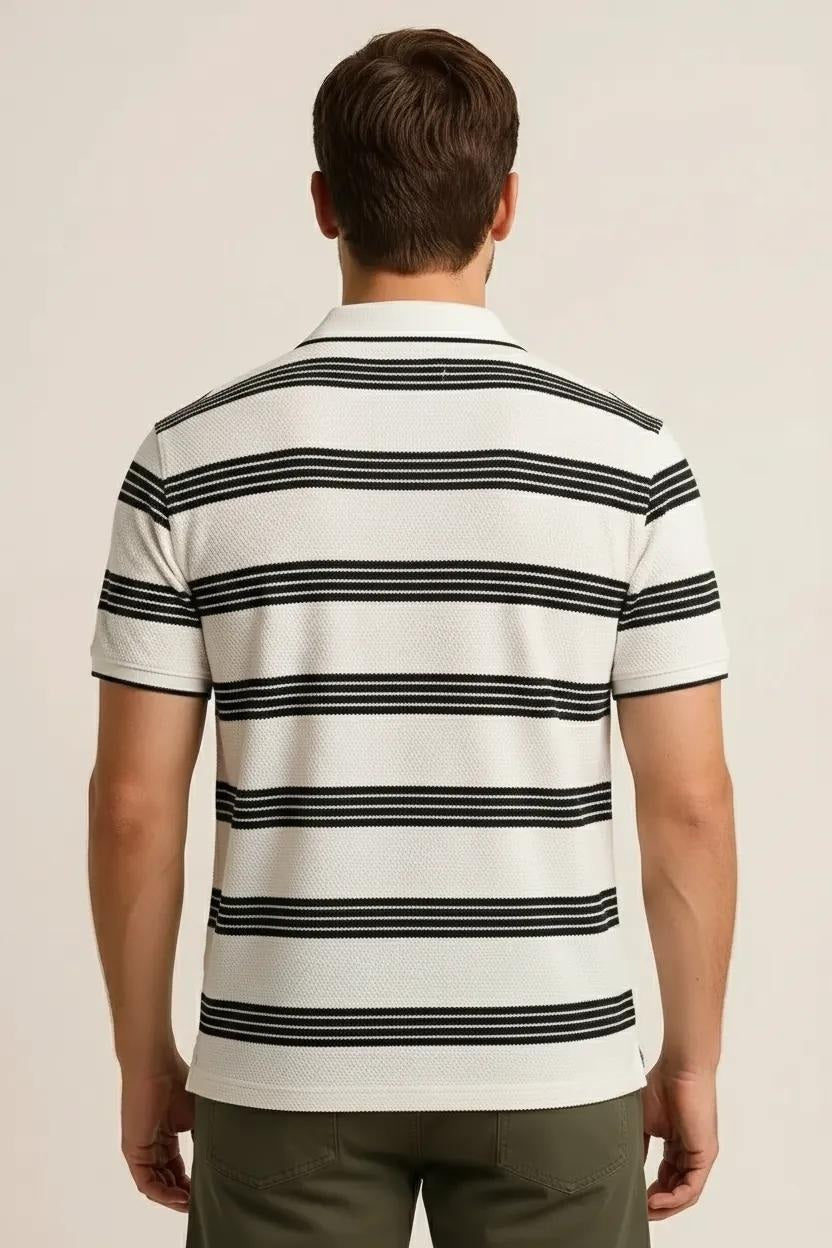 Octave Men Off White Striped Polo Collar T-shirt