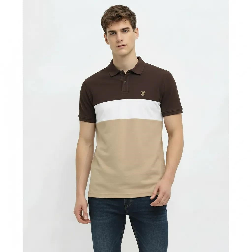 Men Coffee Colourblocked Polo Collar Pockets T-shirt