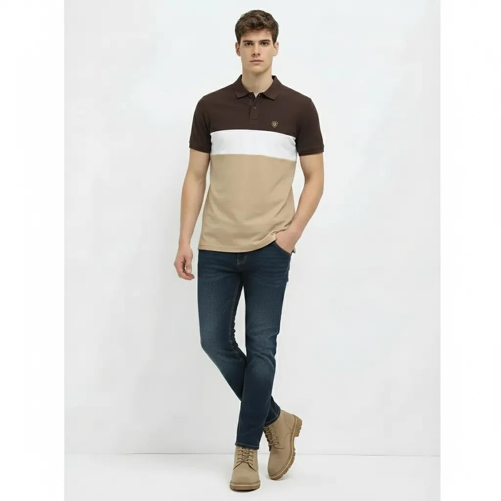 Men Coffee Colourblocked Polo Collar Pockets T-shirt