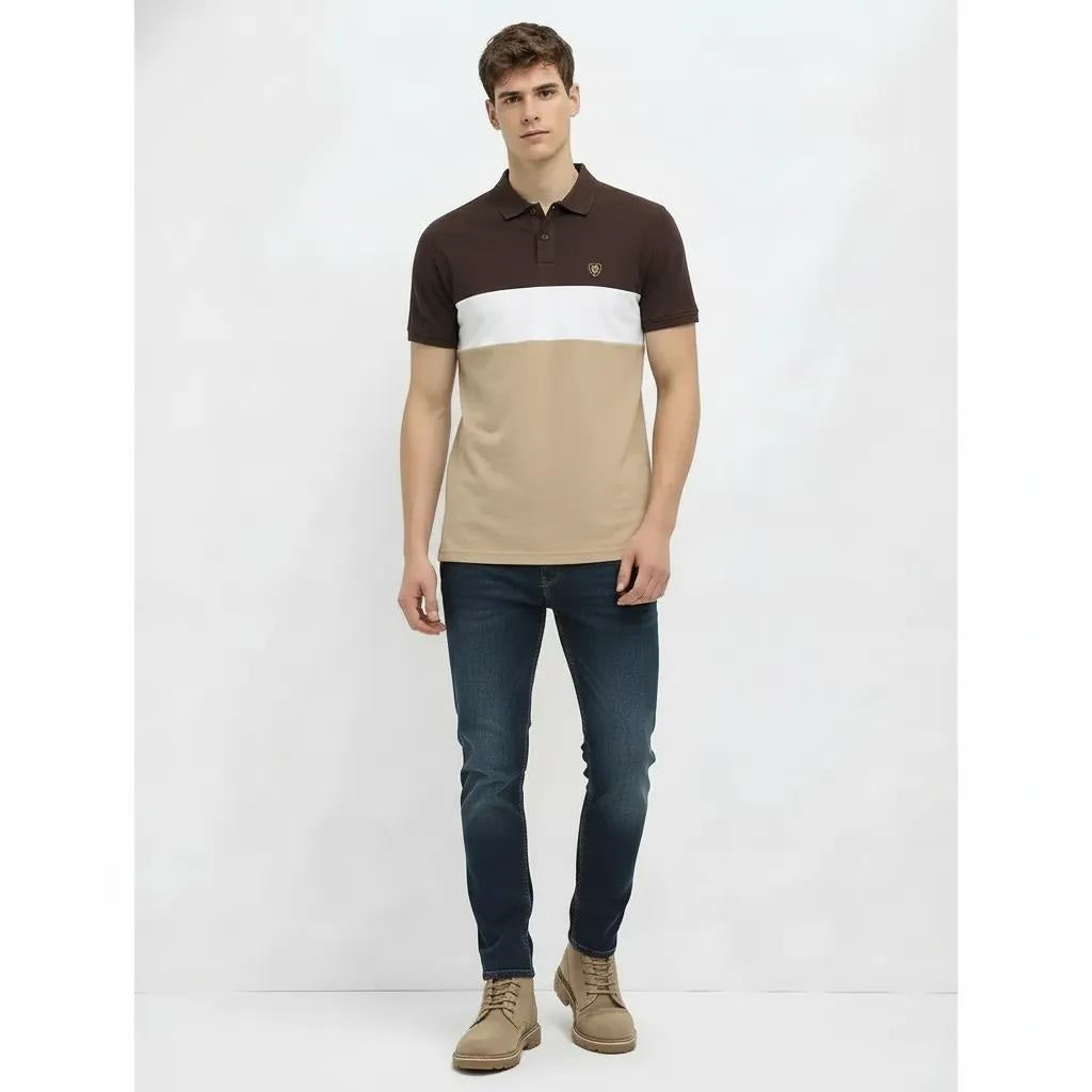 Men Coffee Colourblocked Polo Collar Pockets T-shirt