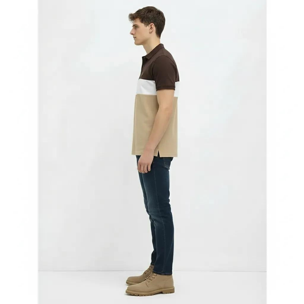Men Coffee Colourblocked Polo Collar Pockets T-shirt