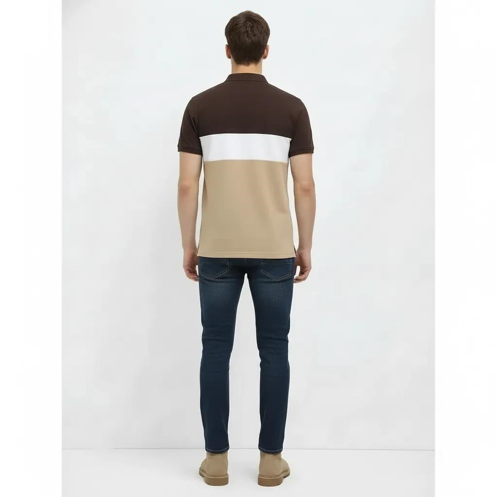Men Coffee Colourblocked Polo Collar Pockets T-shirt