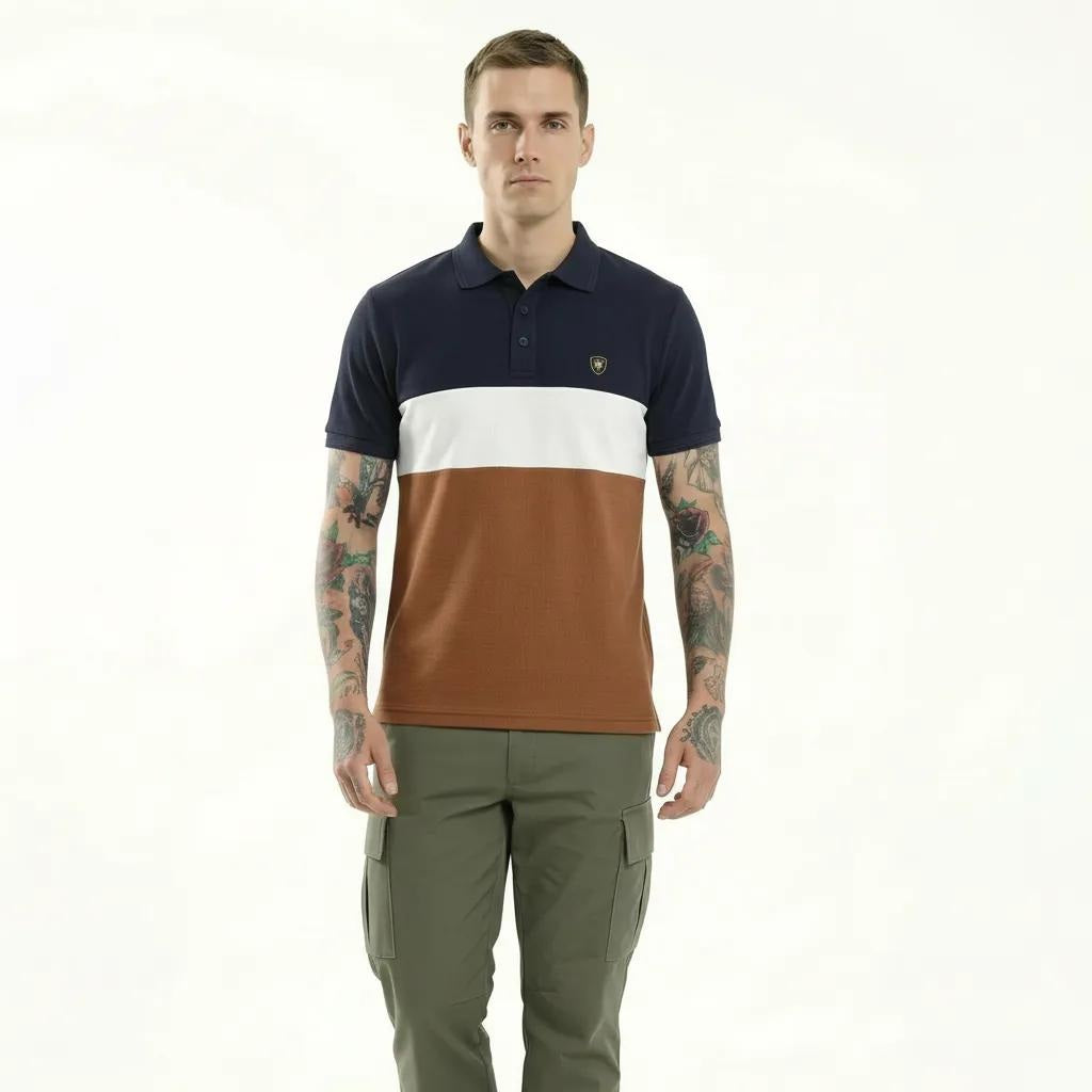 Men Navy Colourblocked Polo Collar T-shirt