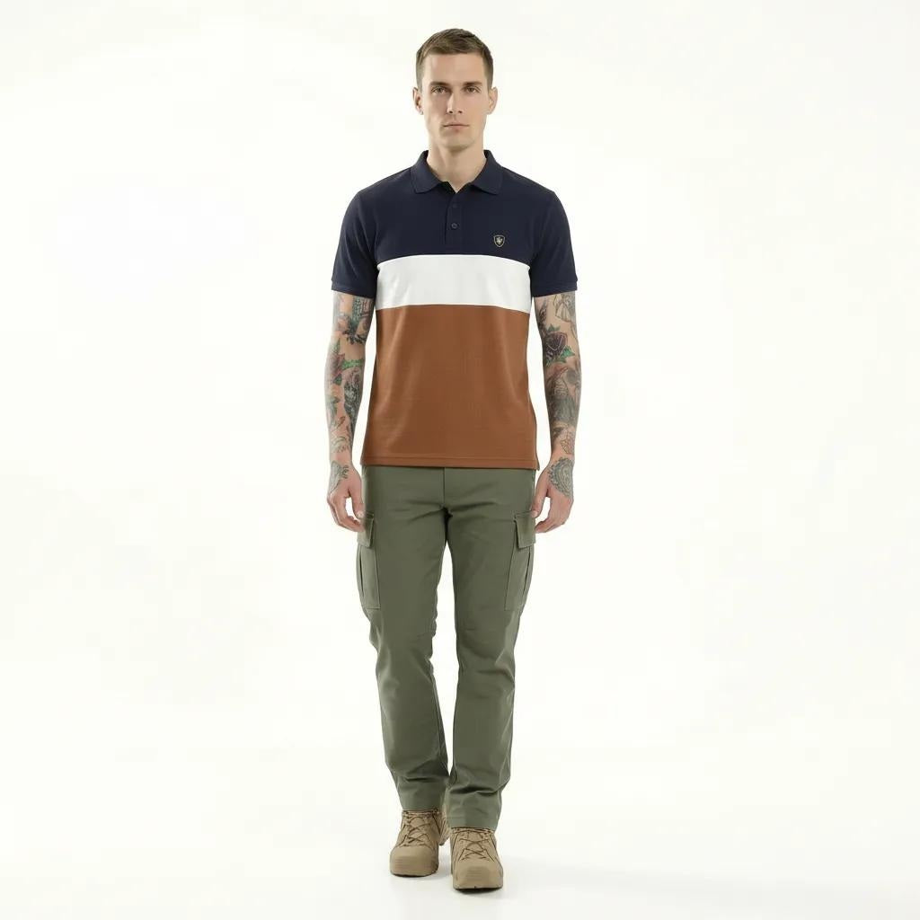 Men Navy Colourblocked Polo Collar T-shirt