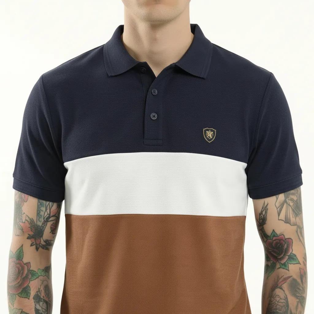 Men Navy Colourblocked Polo Collar T-shirt