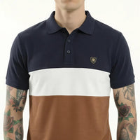Men Navy Colourblocked Polo Collar T-shirt