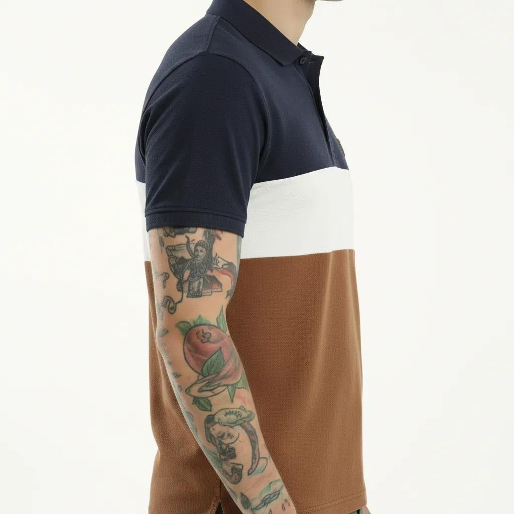 Men Navy Colourblocked Polo Collar T-shirt