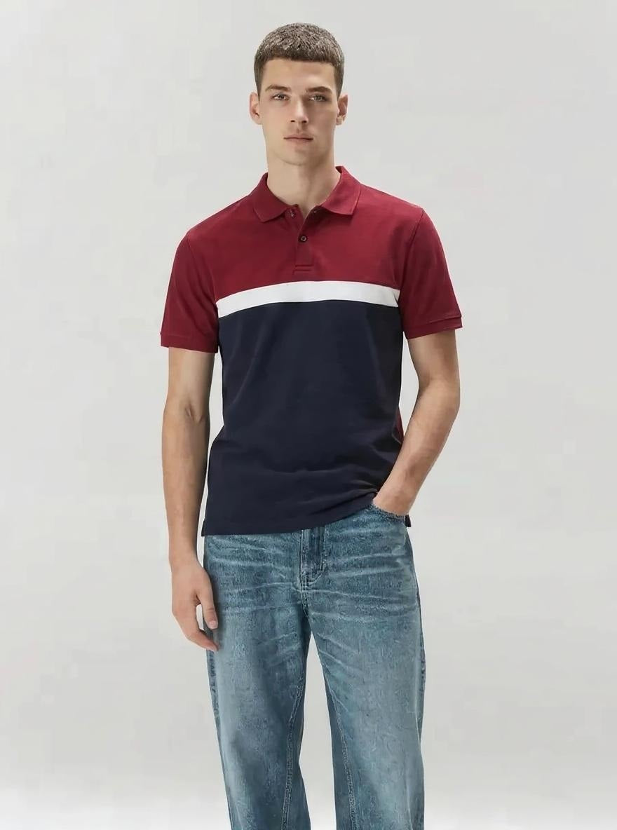 Men Merlot Colourblocked Polo Collar T-shirt