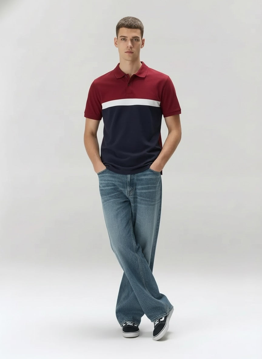 Men Merlot Colourblocked Polo Collar T-shirt
