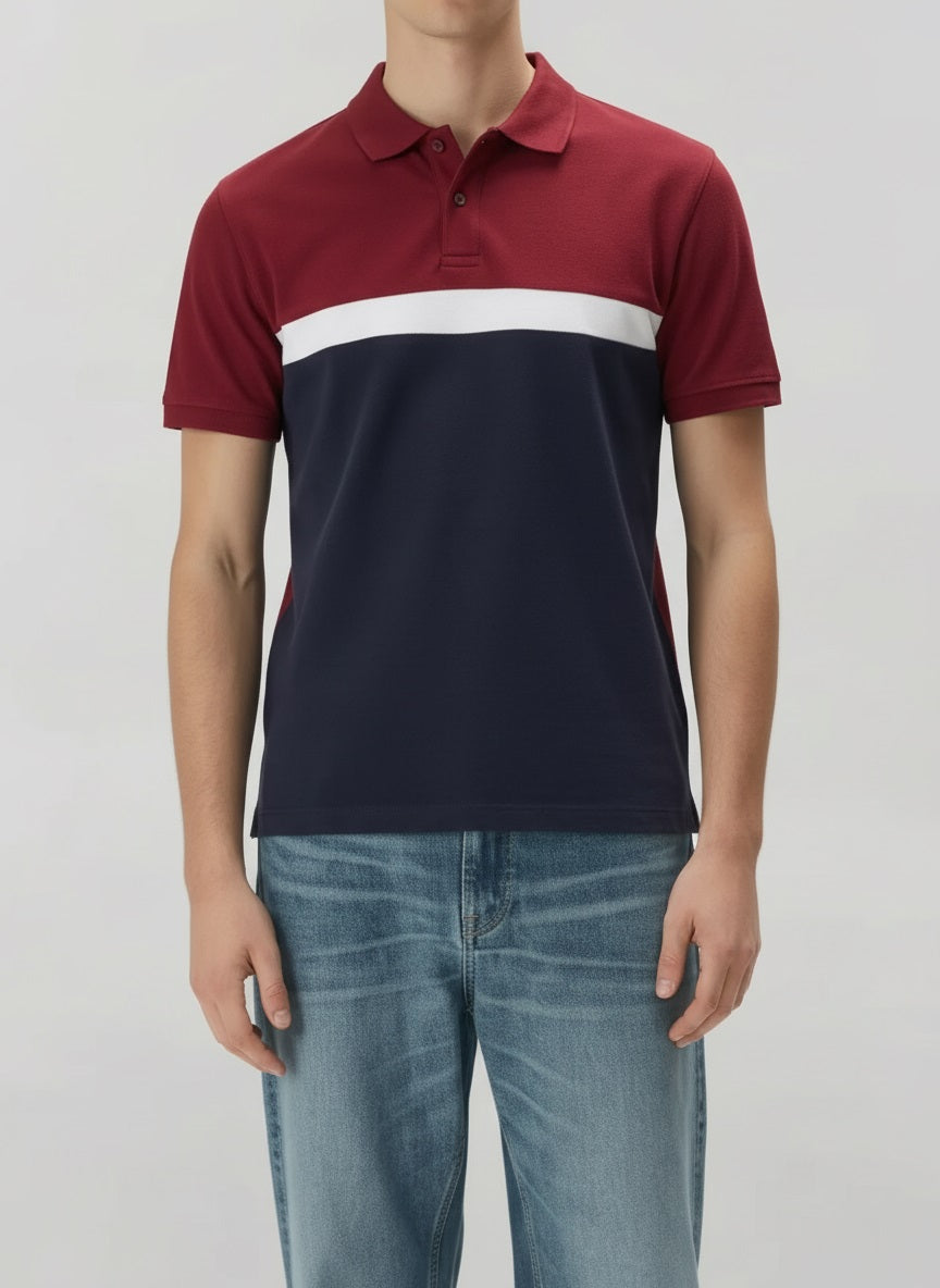 Men Merlot Colourblocked Polo Collar T-shirt