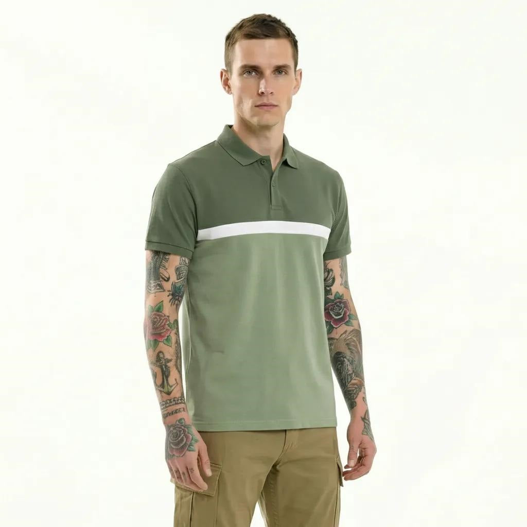 Men Olive Colourblocked Polo Collar T-shirt