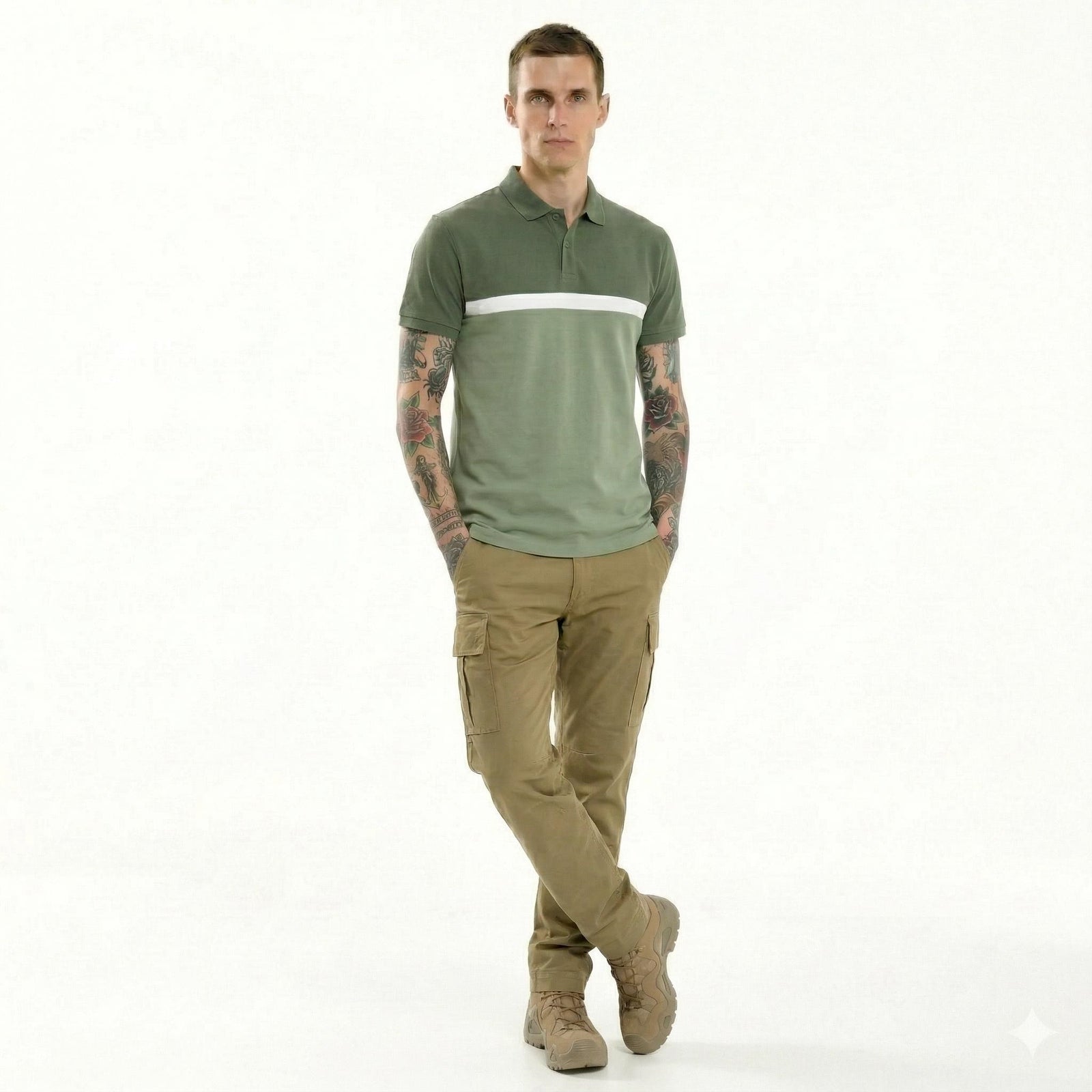 Men Olive Colourblocked Polo Collar T-shirt