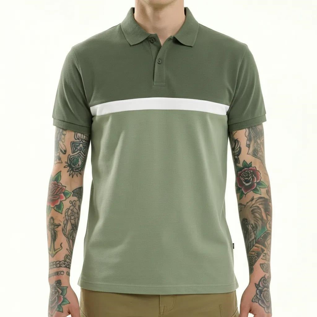 Men Olive Colourblocked Polo Collar T-shirt