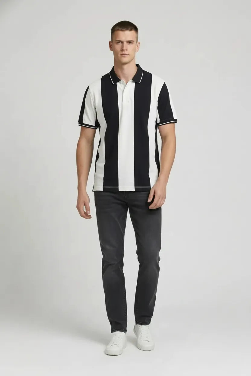 Men Navy Striped Polo Collar T-shirt