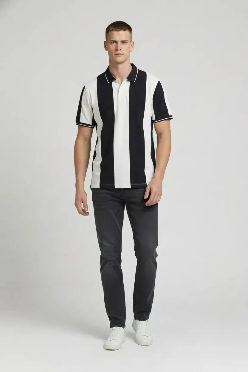 Men Navy Striped Polo Collar T-shirt