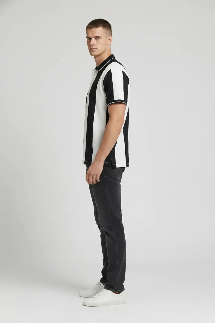 Men Navy Striped Polo Collar T-shirt