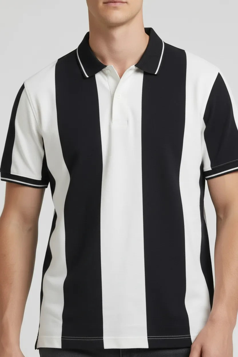 Men Navy Striped Polo Collar T-shirt