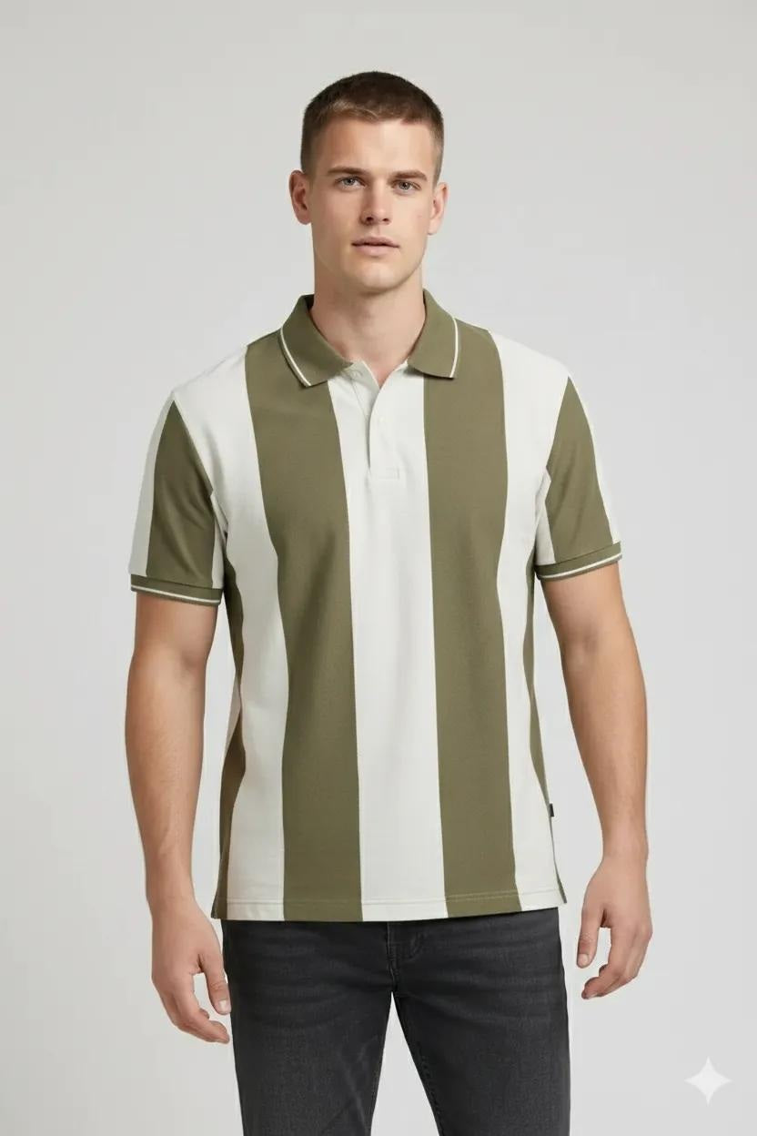 Men Safari Striped Polo Collar T-shirt
