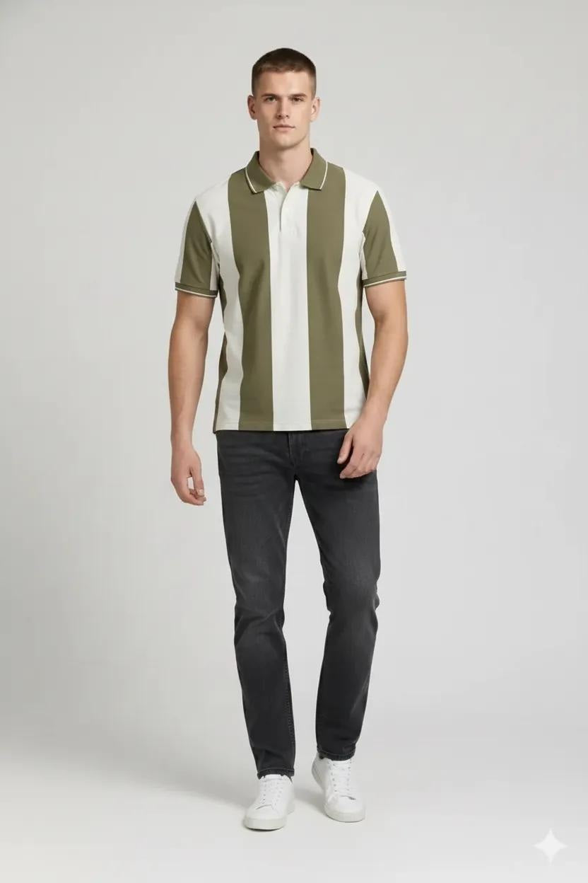 Men Safari Striped Polo Collar T-shirt