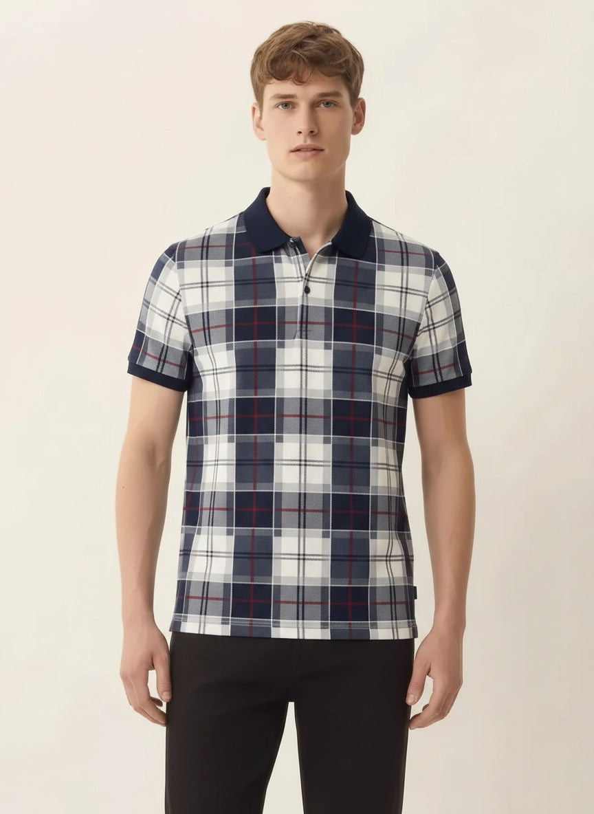 Men Navy Checked  Polo  Neck  T-Shirt