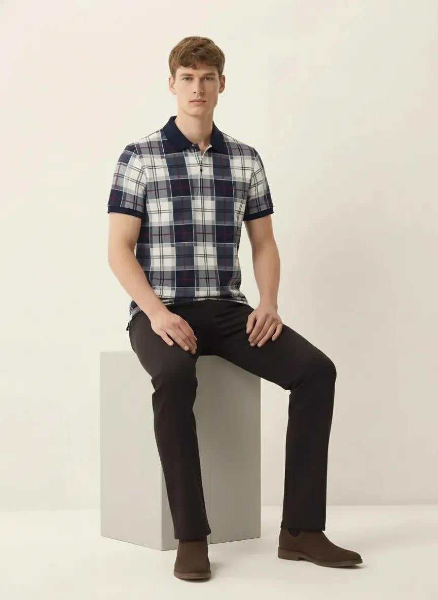 Men Navy Checked  Polo  Neck  T-Shirt