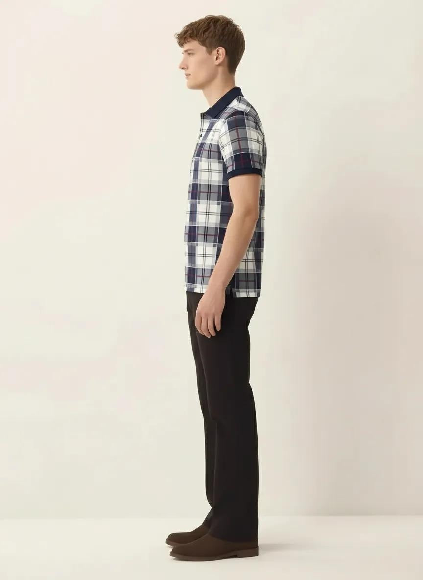 Men Navy Checked  Polo  Neck  T-Shirt