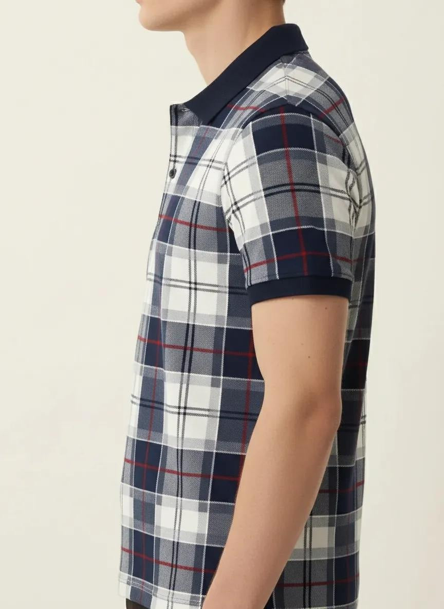 Men Navy Checked  Polo  Neck  T-Shirt