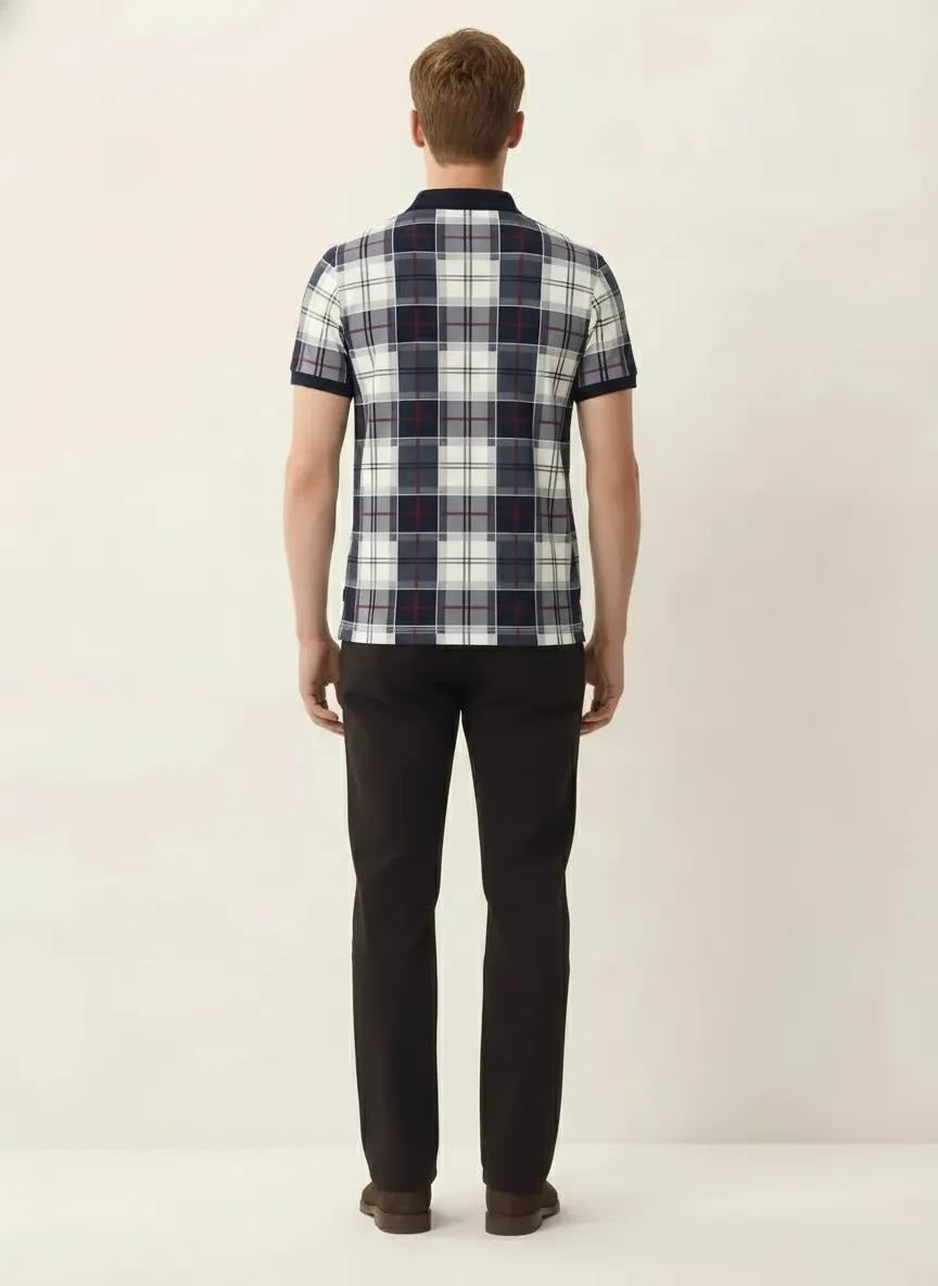 Men Navy Checked  Polo  Neck  T-Shirt