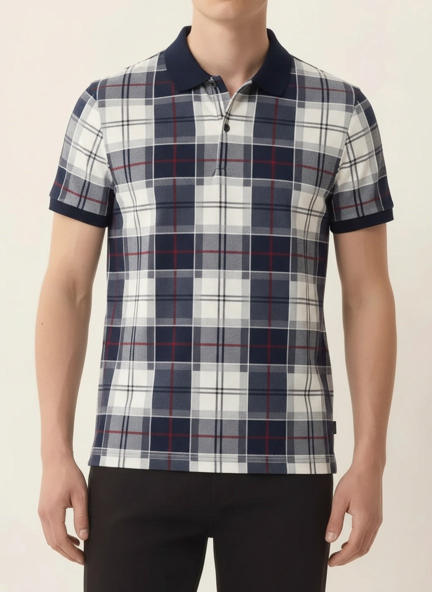 Men Navy Checked  Polo  Neck  T-Shirt