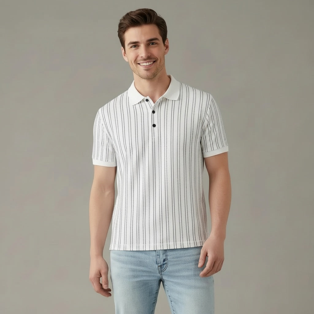 Men Off White Striped Polo Collar T-shirt
