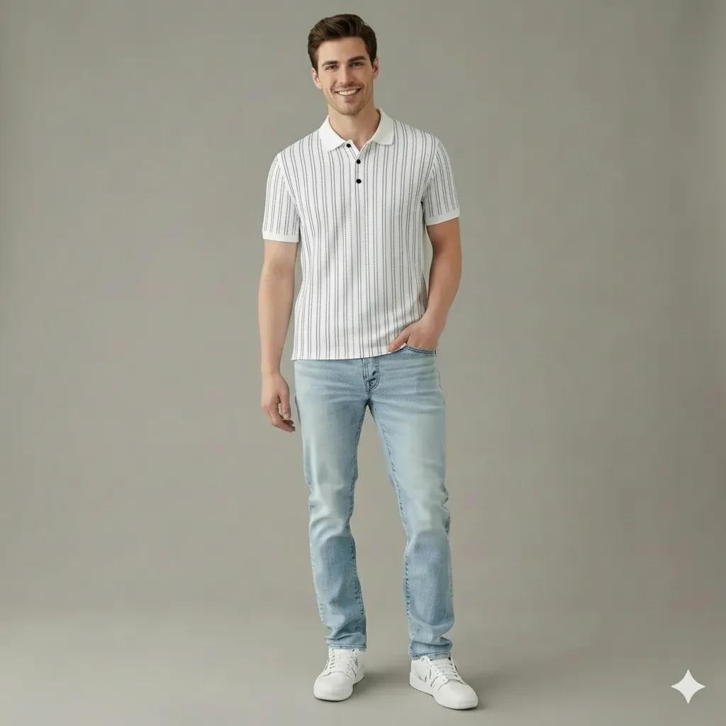 Men Off White Striped Polo Collar T-shirt