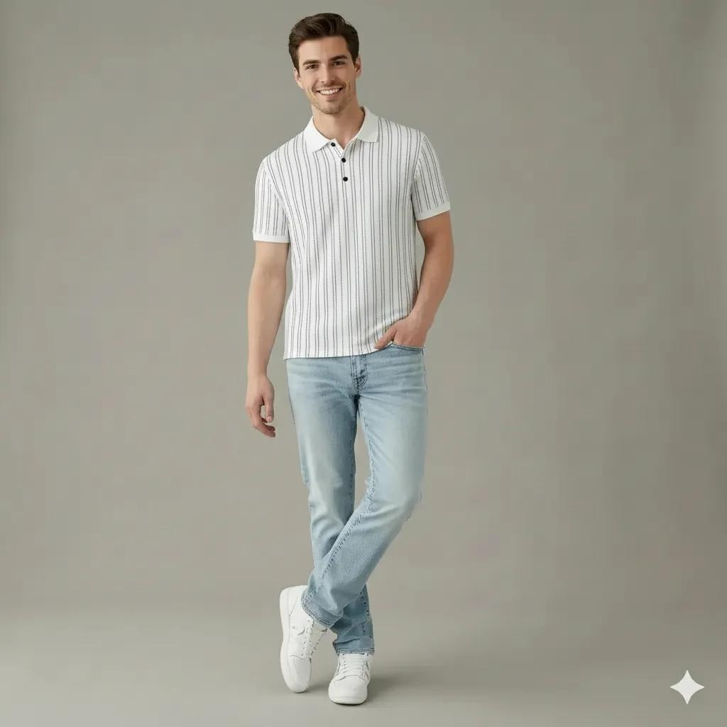 Men Off White Striped Polo Collar T-shirt