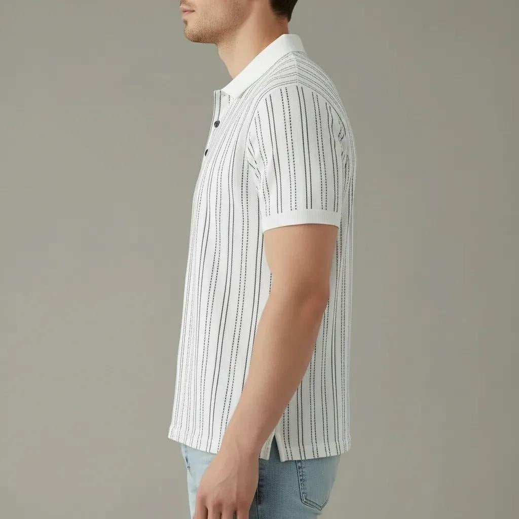 Men Off White Striped Polo Collar T-shirt