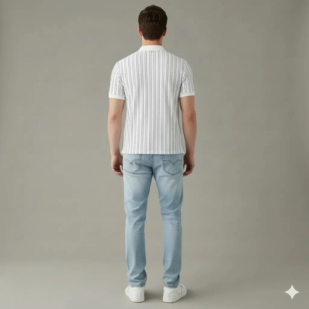 Men Off White Striped Polo Collar T-shirt