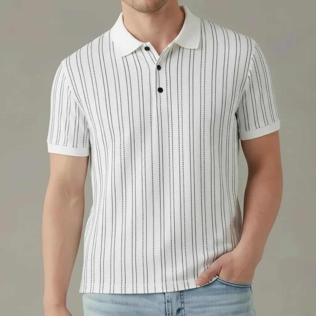 Men Off White Striped Polo Collar T-shirt