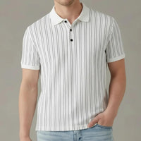 Men Off White Striped Polo Collar T-shirt