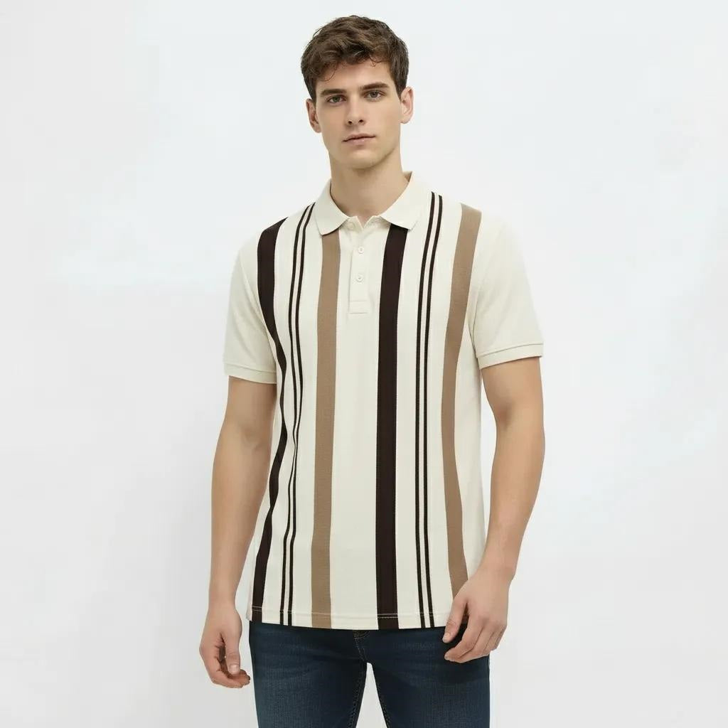Men Khaki Striped Polo Collar T-shirt