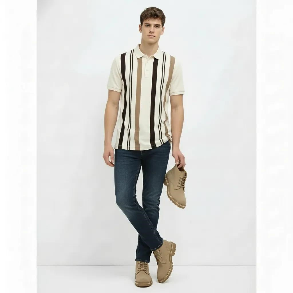 Men Khaki Striped Polo Collar T-shirt