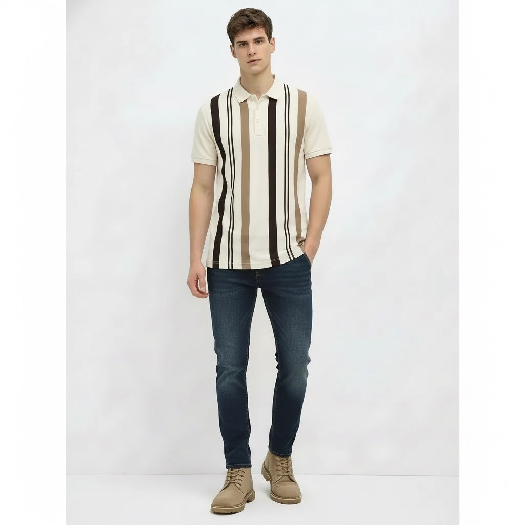 Men Khaki Striped Polo Collar T-shirt