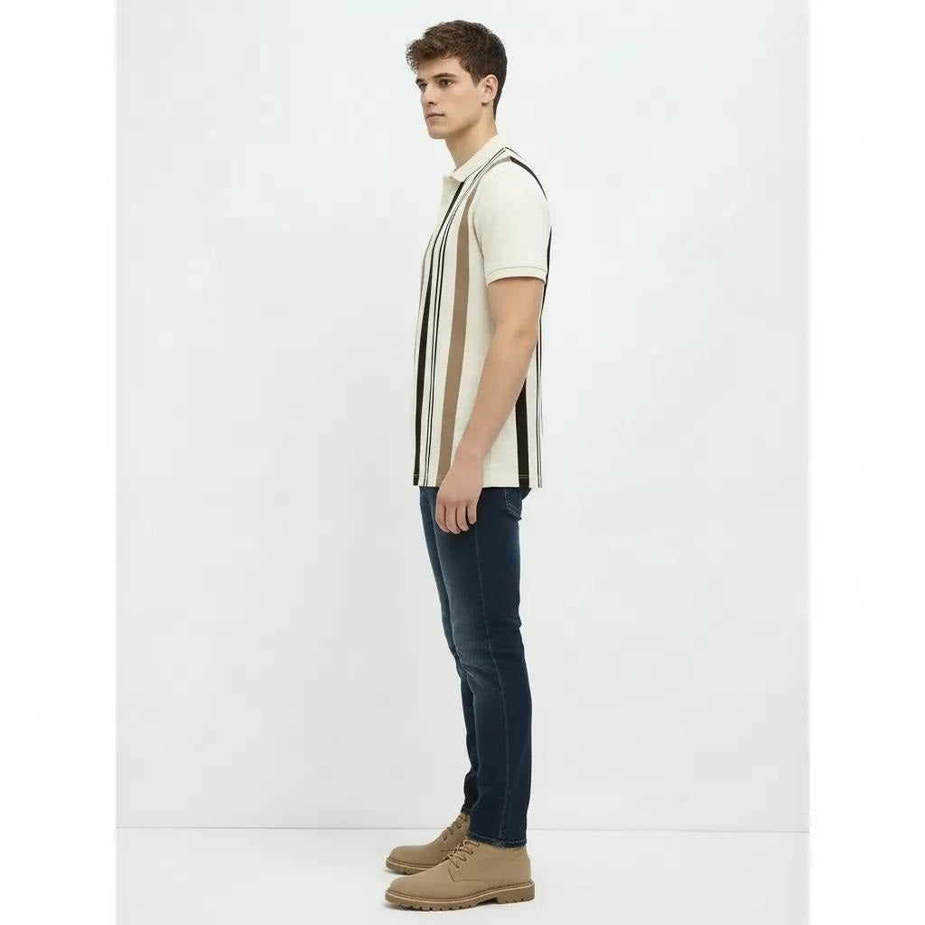 Men Khaki Striped Polo Collar T-shirt