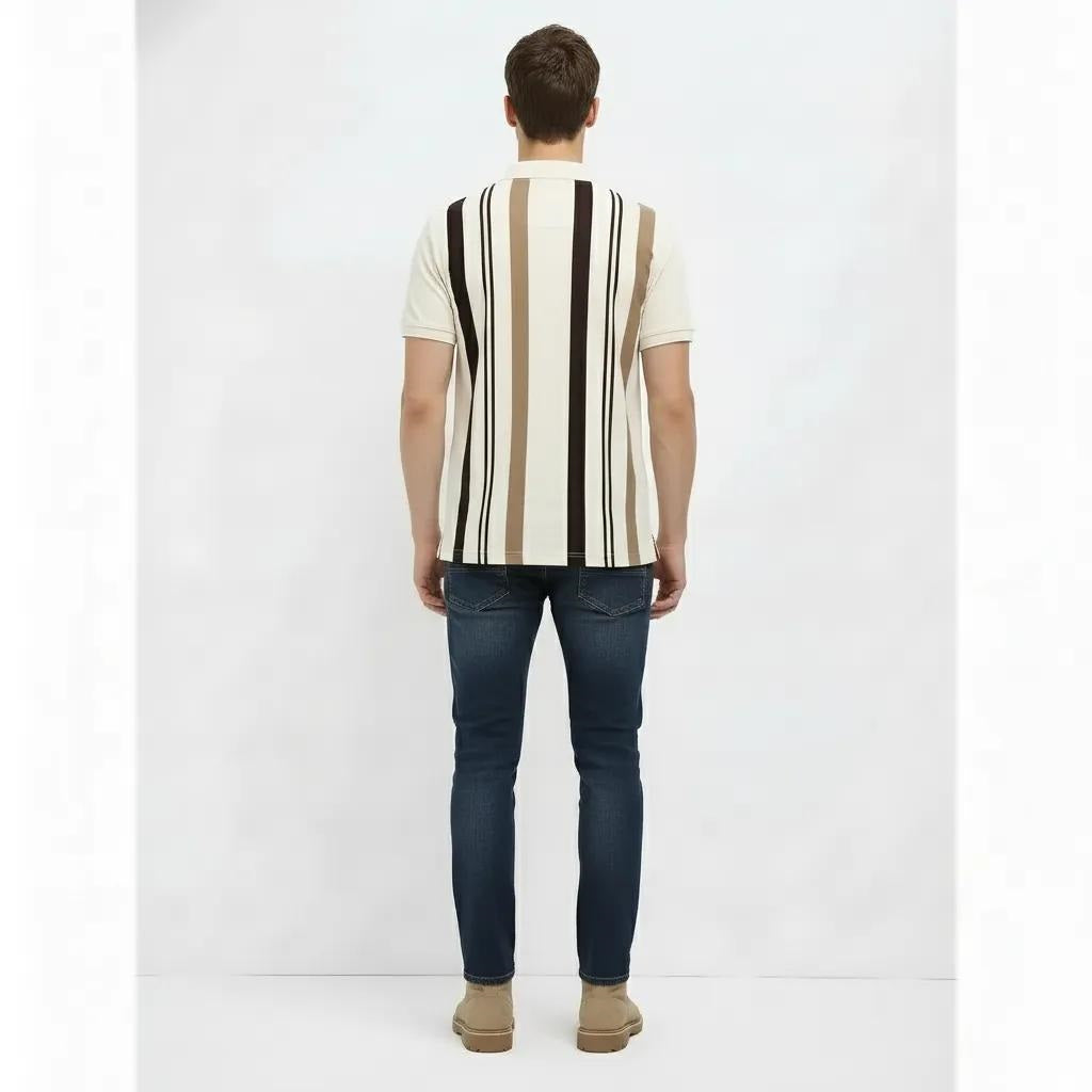 Men Khaki Striped Polo Collar T-shirt