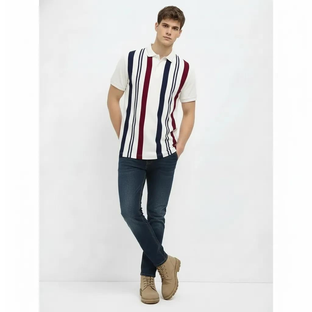 Men Merlot Striped Polo Collar T-shirt
