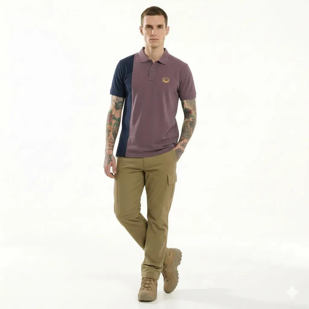 Octave Men Black Currant Colourblocked Polo Collar T-shirt