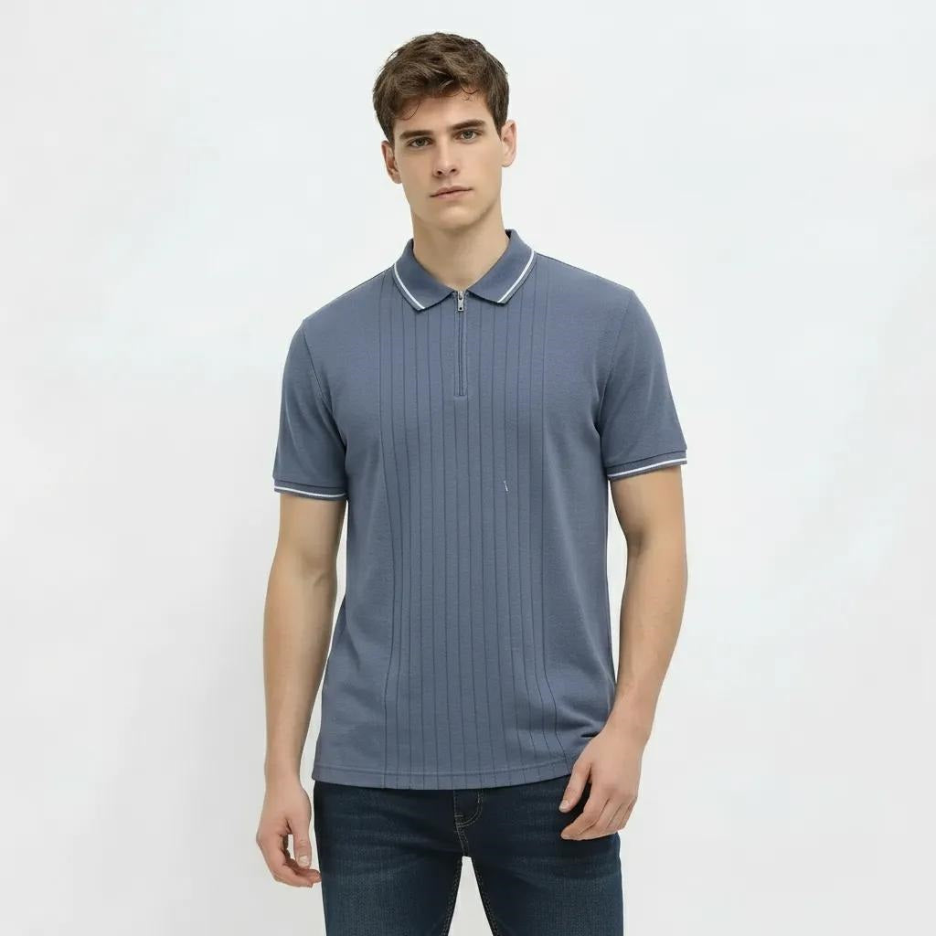 Men Deep Blue Striped Polo Collar T-shirt